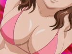 1girl 4:3 akahori_gedou_hour_rabuge animated_gif big_breasts bikini_top bounce bouncing_breasts breasts brown_hair cleavage close-up gif head_out_of_frame hokke_otone hypnotic large_breasts long_hair screencap smile solo wavy_hair