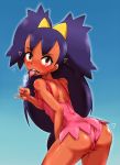 1girl ass bad_id bare_shoulders bent_over big_hair blush brown_eyes covered_nipples dark_skin erect_nipples eyelashes female flat_chest from_behind gym_leader hair_ornament heart high_res highres hun iris iris_(pokemon) long_hair looking_back messy nintendo one-piece_swimsuit pinky_out pokemon pokemon_(anime) pokemon_(game) pokemon_bw popsicle purple_hair small_breasts sweat swimsuit tongue tongue_out twin_tails twintails