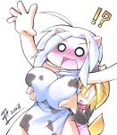  !? 2girls animal_ears bad_id blonde_hair blush breast_grab breasts cow_print grabbing groping multiple_girls o_o original surprised surprised_arms tail ushi white_hair |_| 