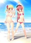 2girls armpits arms_up barefoot beach bikini blonde_hair blush breast_envy breasts cameltoe flat_chest flower full_body hair hair_flower hair_ornament hibiscus highres kyubey large_breasts long_hair mahou_shoujo_madoka_magica moric multiple_girls navel pigeon-toed pocky red_eyes red_hair sakura_kyouko side-tie_bikini skindentation small_breasts strap_gap stretch swimsuit swimsuits tomoe_mami twin_tails underboob water yellow_eyes