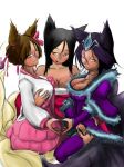  1girl :q ahri alternate_costume alternate_hair_length alternate_hairstyle animal_ears bangs bare_shoulders black_hair blue_hair blush bow breast_grab breasts brown_hair capelet cleavage clone colored dark_skin dynasty_ahri facial_mark fox_ears fox_tail from_side fur fur_trim gem grabbing grin groping hair_between_eyes hair_bow hair_bun hair_ornament hair_stick half-closed_eyes hand_on_own_thigh heart heart_hands heart_hands_duo helmet highres korean_clothes kress large_breasts league_of_legends long_sleeves midnight_ahri multiple_persona multiple_tails naughty_face orange_eyes parted_bangs purple_legwear ribbon selfcest simple_background sketch slit_pupils smile tail thighhighs tongue tongue_out whisker_markings white_background yellow_eyes yuri zettai_ryouiki 