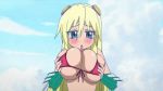 16:9 1girl animated animated_gif anime bare_shoulders bikini_top blonde_hair blue_eyes blush breast_grab breast_squeeze breasts fuji-san gif grabbing huge_breasts jewelry long_hair lowres mermaid monster_girl namiuchigiwa_no_muromi-san solo