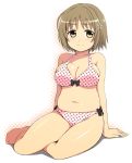  1girl bare_legs bare_shoulders barefoot bra brown_eyes brown_hair flower full_body hair_flower hair_ornament halftone halterneck high_res highres idolmaster idolmaster_cinderella_girls kamata_yuuya mimura_kanako navel panties plump polka_dot polka_dot_bra polka_dot_panties short_hair sitting smile solo underwear underwear_only yokozuwari 