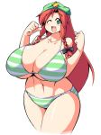  1girl bikini braid braids breasts curvy female green_bikini green_eyes hat hong_meiling huge_breasts long_hair navel open_mouth red_hair simple_background solo standing string_bikini striped striped_bikini striped_swimsuit swimsuit touhou ushi white_background wide_hips wink 