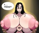 areola beige_skin ber00 big_breasts bird_girl black_eyes black_hair breasts creepypasta female momo_(creepypasta) nipples nude speech_bubble text yuri