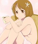 big_breasts breast breasts brown_hair coffee flower idolmaster mimura_kanako plump short_hair sitting smile towel