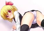   1girl black_legwear blonde_hair dress_shirt hair_ribbon long_sleeves lying on_stomach panties red_eyes ribbon rumia shirt short_hair skirt solo tears stockings touhou underwear vest white_panties yakumo_nanahara  