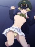 1girl black_legwear blonde_hair blush breasts brown_eyes erwin_(girls_und_panzer) girls_und_panzer grimace hat jacket long_sleeves lying military military_uniform miniskirt nipples on_back open_clothes open_shirt panties pantyshot pantyshot_(lying) peaked_cap pleated_skirt rinoko shirt shirt_lift short_hair skirt socks solo underwear uniform upskirt yellow_panties