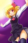 1girl ascot blonde_hair dress_shirt fang female from_below gradient gradient_background hair_ribbon light long_sleeves looking_at_viewer open_mouth outline purple_background red_eyes ribbon rumia shadow shirt short_hair skirt solo stockings thighhighs touhou vest yakumo_nanahara