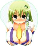  1girl banana between_breasts breast_mousepad breasts detached_sleeves female food frog frog_hair_ornament fruit green_eyes green_hair hair_ornament huge_breasts kochiya_sanae kurikara long_hair mousepad sexually_suggestive snake solo tongue touhou 