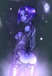 1girl artificial_intelligence ass breasts cortana female hair halo_(game) halo_(series) highres hologram large_breasts looking_back maniacpaint microsoft nude purple_eyes purple_hair purple_skin short_hair sideboob smile solo