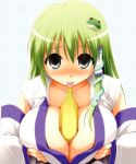  1girl banana between_breasts blush breast_grab breasts cleavage detached_sleeves female food frog frog_hair_ornament fruit grabbing green_eyes green_hair hair_ornament huge_breasts kochiya_sanae kurikara long_hair sexually_suggestive smile snake solo tongue touhou 