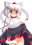 1girl animal_ears bare_shoulders blush detached_sleeves female hat inubashiri_momiji no_panties raised_eyebrow red_eyes skirt skirt_lift solo tail tokin_hat touhou white_hair wolf_ears wolf_tail yakumo_nanahara