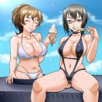  2girls big_breasts bikini black_hair breasts brown_hair closed_eyes curvy eating food front-tie_top girls_und_panzer hair ice_cream kawashima_momo koyama_yuzu kuro_fn large_breasts monocle multiple_girls navel ponytail popsicle shiny shiny_skin short_hair sitting skindentation swimsuit yellow_eyes 