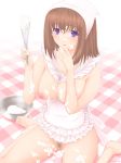 1girl apron bad_id bandana bandanna barefoot between_breasts big_breasts blush bowl breasts brown_hair censored cooking copyright_request cream finger_licking high_res highres large_breasts licking messy naked_apron no_bra no_panties onnanoko_suwari pubic_hair purple_eyes pussy rezel_craft sexually_suggestive short_hair sitting solo