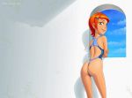 ass ben_10 drew_gardner_(artist) gwen_tennyson looking_back one-piece_swimsuit solo swimsuit thong thong_leotard window