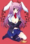 1girl animal_ears araiguma bad_id banana between_breasts big_breasts black_legwear blush breast_squeeze breasts bunny_ears chocolate feet female food fruit large_breasts long_hair mouth_hold navel neck_tie necktie open_clothes open_shirt panties panty_pull purple_hair red_eyes red_necktie reisen_udongein_inaba school_uniform sexually_suggestive shirt sitting solo stockings thighhighs touhou underwear