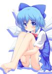 1girl barefoot blue_eyes blue_hair blush bow cirno dress feet female hair_bow ice ice_wings leg_hug legs looking_at_viewer panties simple_background solo touhou underwear white_background white_panties wings yakumo_nanahara