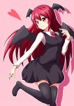 1girl bat_wings black_legwear blush demon_girl demon_wings female head_wings heart koakuma long_hair long_sleeves neck_tie necktie no_shoes pink_background red_eyes red_hair shichihara_yakumo simple_background skirt smile solo standing_on_one_leg thighhighs touhou vest wings yakumo_nanahara