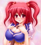 between_breasts blush breasts female hair_bobbles hair_ornament nagana_sayui onozuka_komachi red_eyes red_hair sexually_suggestive short_hair touhou twin_tails twintails