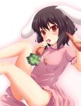 1girl animal_ears bare_legs blush brown_hair bunny_ears carrot dress eating female inaba_tewi open_mouth panties pantyshot red_eyes sexually_suggestive short_hair solo touhou underwear white_panties yakumo_nanahara