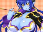  1girl asmodeus_(shinrabanshou) astaroth astaroth_(shinrabanshou) blue_hair blue_skin blush breasts choker cleavage demon_girl higuma horns huge_breasts kiseru long_hair pipe pointy_ears shinrabanshou solo sweatdrop 