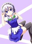 1girl black_legwear blue_eyes braid female hair_ribbon izayoi_sakuya maid_headdress rating ribbon silver_hair solo stockings thighhighs touhou twin_braids yakumo_nanahara