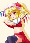 1girl black_hair black_legwear blonde_hair blush dressing fang female flandre_scarlet hat navel panties pantyshot rating red_eyes side_ponytail solo sweatdrop thighhighs touhou underwear undone wings yakumo_nanahara