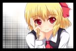  1girl :3 ascot black_dress blonde_hair blush bust dress fang female frame hand_in_hair hand_to_head long_sleeves looking_at_viewer red_eyes rumia shirt solo touhou upper_body yakumo_nanahara 