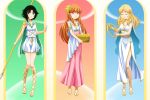  3_girls basket big_breasts black_hair blonde_hair blossom_(ppg) blue_eyes bob_cut breasts bubbles_(ppg) buttercup_(ppg) cartoon_network closed_eyes cosplay dress female_only greek_mythology green_eyes hair hair_ornament harp long_hair multiple_girls pink_eyes powerpuff_girls red_eyes red_hair sandals short_hair siblings sisters smile spear tied_hair tunic twin_tails xenokurisu 