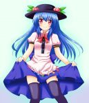 1girl black_legwear blue_hair female food fruit hat hinanawi_tenshi long_hair peach rating red_eyes skirt skirt_lift solo stockings thighhighs touhou yakumo_nanahara