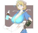  ! 1girl blonde_hair blue_eyes breast_expansion breasts cleavage fallout fallout_3 freckles futaba_channel glow glowing hand_on_hip higuma hips huge_breasts jumpsuit kuma_(redbear) large_breasts lone_wanderer mushroom nijiura_maids nuka_cola nuka_cola_quantum original sagging_breasts short_hair solo 