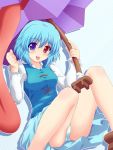 1girl :p blue_eyes blue_hair blue_panties blush breasts female heterochromia karakasa_obake long_sleeves panties pantyshot red_eyes short_hair sitting skirt smile solo tatara_kogasa tongue tongue_out touhou umbrella underwear upskirt vest white_panties yakumo_nanahara