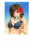 artbook between_breasts big_breasts black_swimsuit breast_squeeze breasts brown_hair character_request erect_nipples flower frills green_eyes hair_flower hair_ornament happoubi_jin high_res huge_breasts polka_dot_swimsuit popsicle sexually_suggestive short_hair sweet_body swimsuit tan tan_line tongue