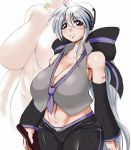 1girl bare_shoulders bottle breasts cleavage curvy detached_sleeves female hair_ornament hair_ribbon headphones higuma huge_breasts long_hair pants ponytail red_eyes ribbon silver_hair solo vocaloid yowane_haku