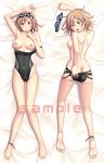 1girl 1girl anklet armpits ass barefoot big_breasts blush breasts brown_eyes brown_hair competition_swimsuit dakimakura feet finger_to_mouth full_body goggles jewelry jpeg_artifacts kuri_(kurigohan) legs long_legs looking_back lying multiple_views nipples on_back one-piece_swimsuit open_mouth posterior_cleavage sample short_hair slim_legs soles swimsuit swimsuit_pull tank_suit topless turnaround watermark