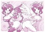 2_girls :d absurd_res ass bare_shoulders big_breasts blush bracelet breasts demon_tail fang hair_ornament halo high_res idolmaster igarashi_kyouko jewelry kitsune_choukan monochrome multiple_girls open_mouth ribbon_choker side_ponytail smile tail stockings v wavy_mouth wings