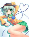 1girl blush female green_eyes green_hair green_panties hat hat_ribbon komeiji_koishi lying on_side panties pantyshot ribbon short_hair solo third_eye touhou underwear wavy_hair yakumo_nanahara