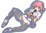   1girl bad_id between_breasts big_breasts breast_grab breasts chocolate_banana pink_eyes pink_hair pro sexually_suggestive shishidou_akiha solo sora_wo_kakeru_shoujo stockings  