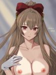 1girl 1girl 1girl 2020 artist_request azur_lane big_breasts bow breasts brown_hair gloves hair_between_eyes hair_bow hair_ornament hand_on_chest hand_on_own_chest high_resolution light_brown_hair long_hair looking_at_viewer nipples nude red_bow red_eyes simple_background swiftsure_(azur_lane) upper_body white_gloves