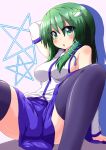 1girl black_legwear blush breasts detached_sleeves female frog_hair_ornament green_eyes green_hair hair_ornament kochiya_sanae long_hair open_mouth pentagram sitting skirt snake_hair_ornament solo stockings thighhighs touhou yakumo_nanahara