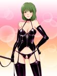 censored crotchless_panties elbow_gloves green_hair mistress nemunoya_(artist) solo whip