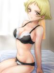 1girl bed bedroom big_breasts black_bra black_panties blonde_hair blush bow bow_bra bow_panties bra breasts brown_eyes cleavage erwin_(girls_und_panzer) girls_und_panzer lingerie looking_at_viewer panties rinoko short_hair sitting solo underwear underwear_only