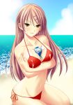  beach between_breasts big_breasts bikini blonde_hair breast_hold breasts brown_eyes cleavage hair_ornament hairclip high_res juice_box long_hair naughty_face navel ocean red_hair saitou_tsukasa seductive_smile sexually_suggestive side-tie_bikini sky smile swimsuit teasing yogurt 