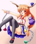  1girl black_legwear blush brown_hair chain chains female horn_ribbon horns ibuki_suika long_hair pointing rating red_eyes ribbon solo stockings thighhighs touhou wrist_cuffs yakumo_nanahara 