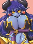 1girl astaroth astaroth_(shinrabanshou) big_tongue black_sclera blue_hair blue_skin blush breast_squeeze breasts demon_girl earrings female_only heart heart_earrings higuma horns huge_breasts jewelry long_hair long_tongue massive_breasts pointy_ears shinrabanshou solo_female tongue yellow_eyes