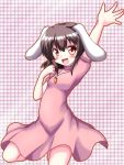 animal_ears blush brown_hair bunny_ears female inaba_tewi jewelry pendant raised_hand rating red_eyes short_hair solo touhou yakumo_nanahara