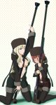  2_girls 2girls anti-materiel_rifle arm_up belt between_breasts big_breasts black_legwear black_thighhighs blonde_hair blue_eyes blush boots breast_envy breast_press breasts darker_than_black fur_hat green_eyes gun hat high_res highres holding kneel kneeling large_breasts licking long_hair multiple_girls mura666 navel open_clothes red_hair rifle sexually_suggestive short_hair sniper_rifle staring_at_breasts stockings suou_pavlichenko tanya_(darker_than_black) tears thigh_boots thigh_high_boots thighhighs tongue weapon 