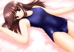 bed blue_eyes blush brown_hair cameltoe erect_nipples kisaragi_mic long_hair nipples one-piece_swimsuit school_swimsuit swimsuit