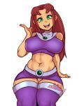 1girl 1girl 1girl 2020 alien alien_girl big_breasts clothed_female dc_comics dc_comics dcau eyebrows eyelashes female_only green_eyes hair humanoid humanoid_hands jakuson_z koriand'r long_hair nipples nipples_visible_through_clothing open_mouth open_smile red_hair smile solo_focus starfire stockings superheroine tamaranean teen_titans thick_thighs thighhigh_boots wide_hips